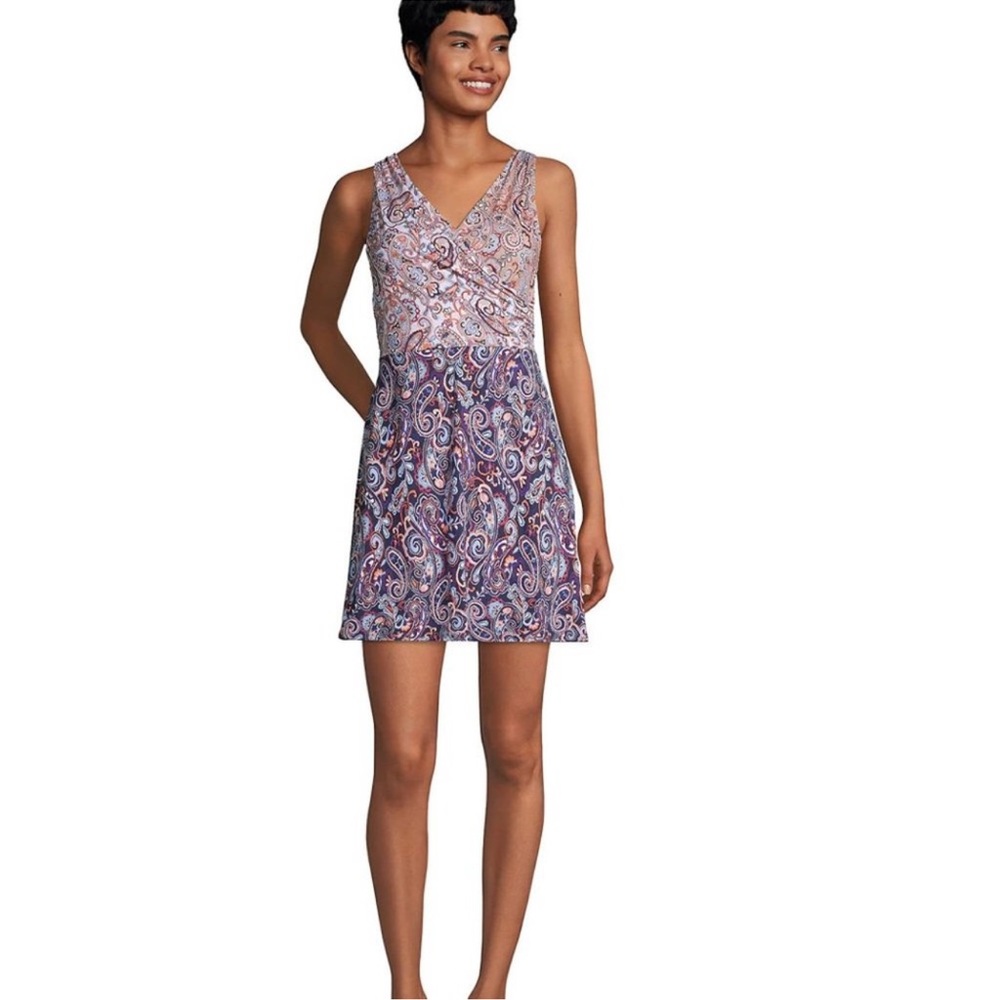 LANDS' END Women's Navy Paisley Tummy Control Surplice Wrap Swim Dress 16W/L NEW